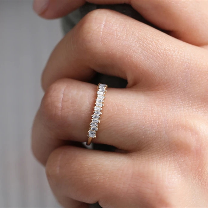 925 Sterling Silver CZ Diamond Baguette Women's Eternity Ring with Yellow Gold Plating