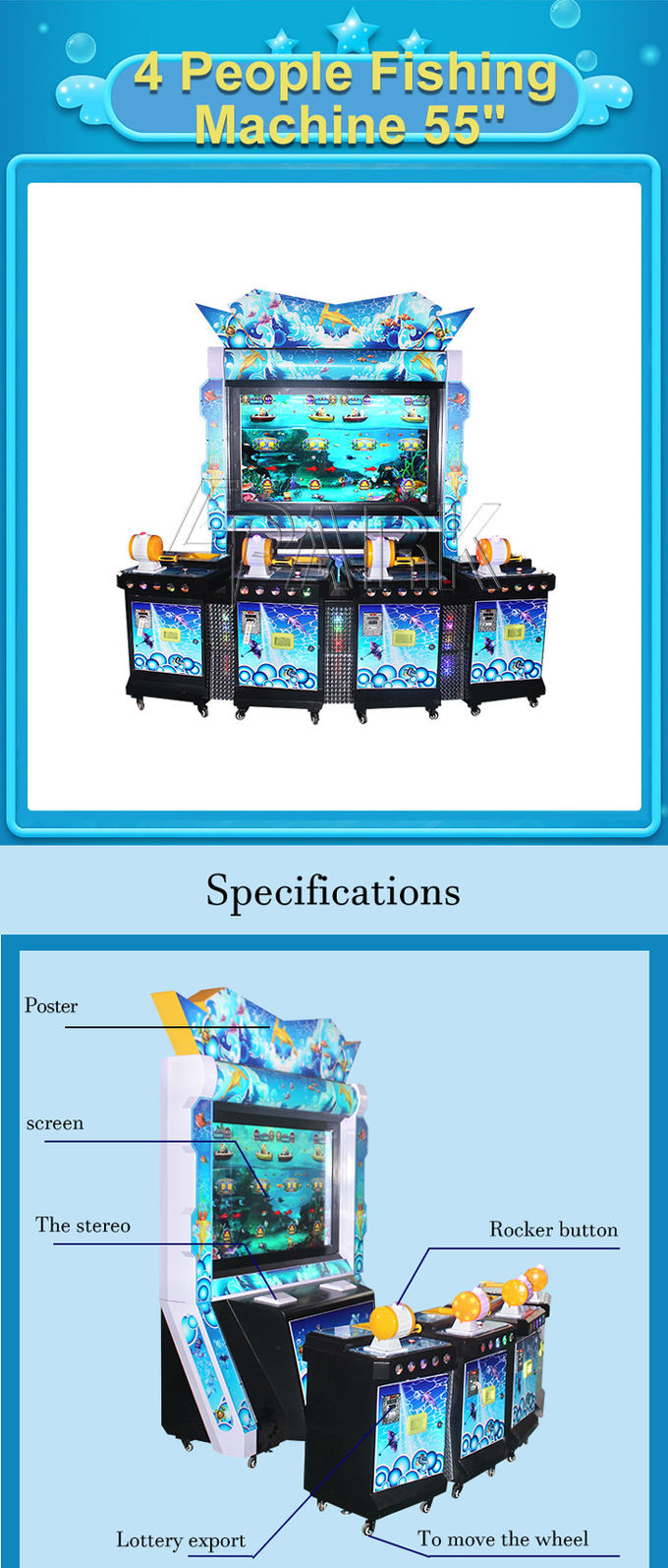 55 Inch Coin Operated Arcade Machines / Redemption Fishing Game Machine 4 Players