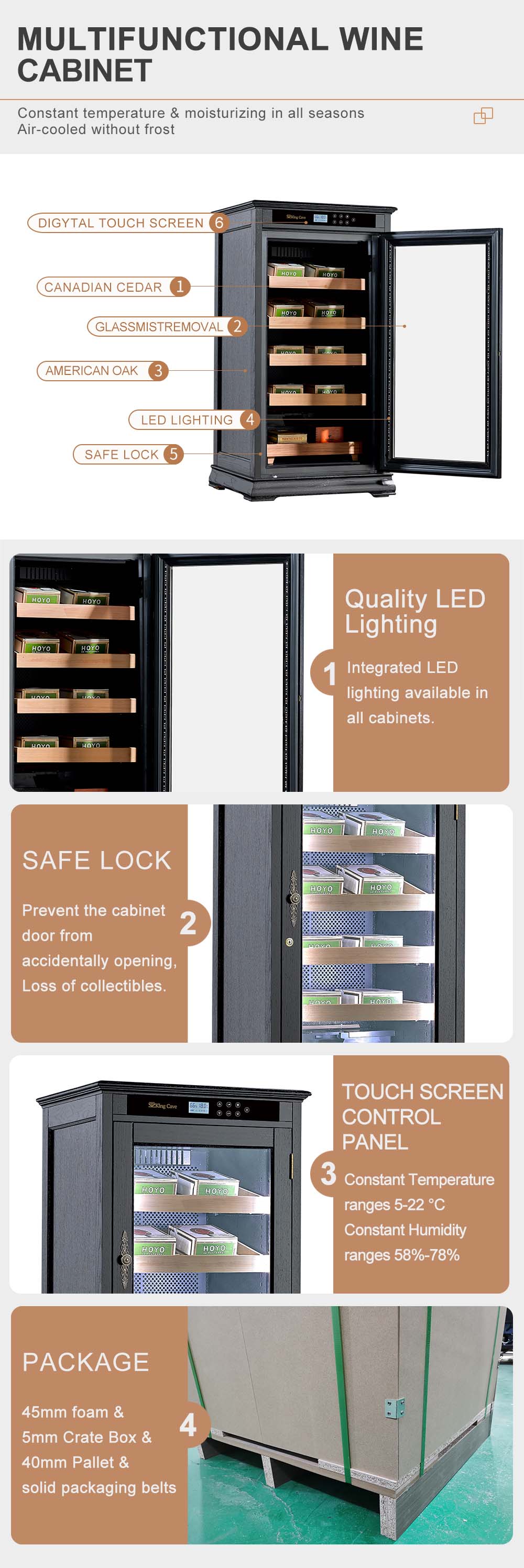 Cedar Wood Shelves Single Glass Door Cigar Cooler Cabinet With Humidity Control