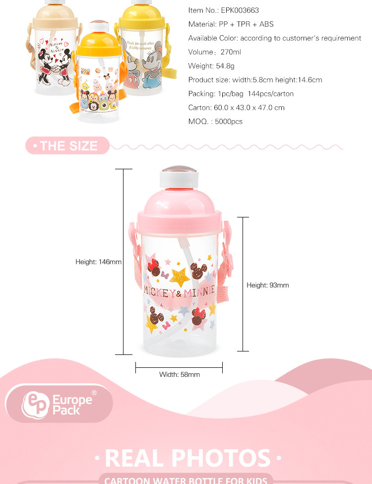School children bpa free cartoon 270ml drinking bottle plastic kids water bottle with straw