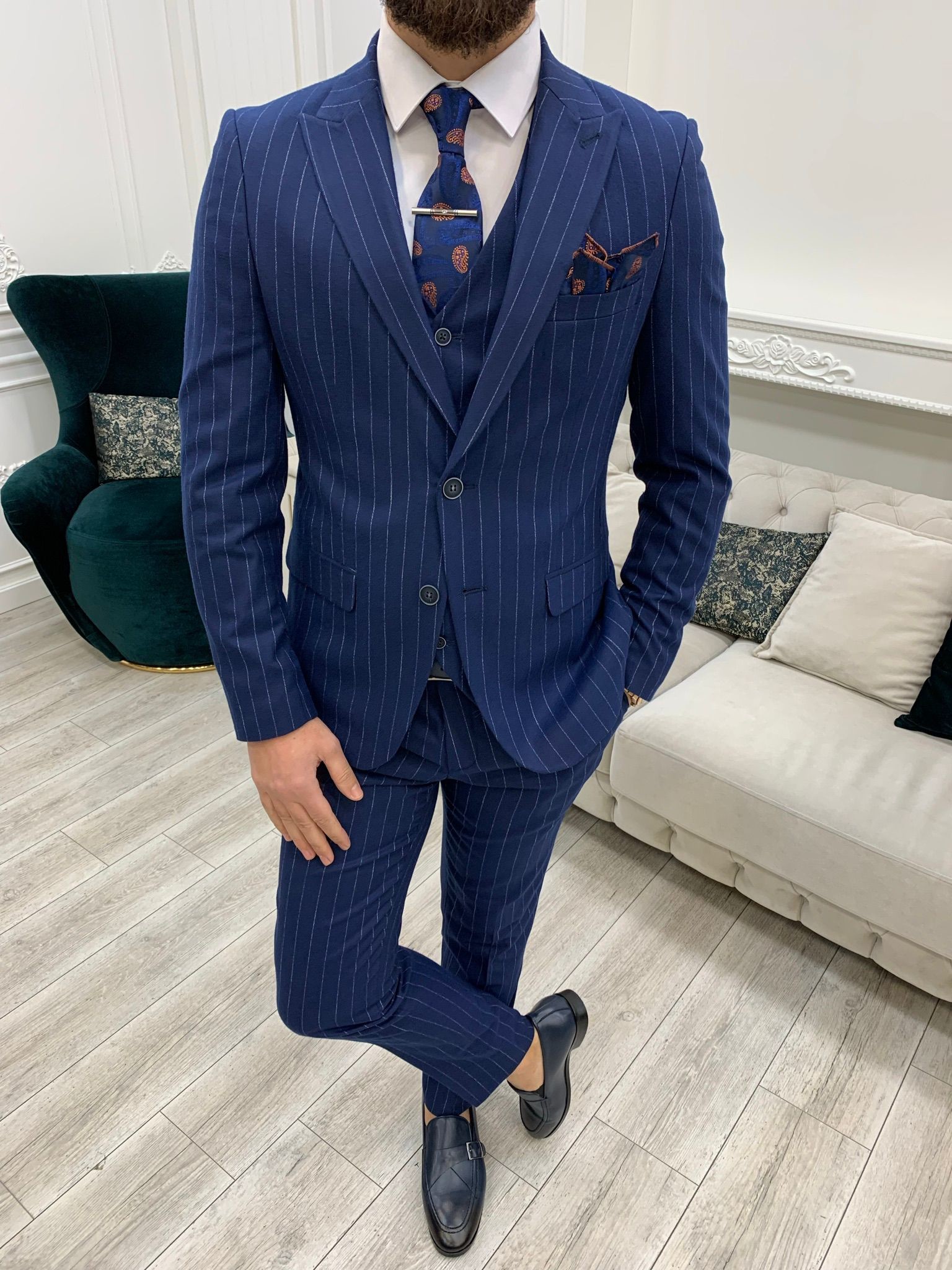 Mens Striped Sax Slim Fit Three Piece Tuxedo For Wedding