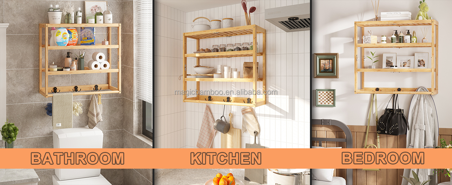 OEM Bamboo Bathroom Wall Shelf Over Toilet Storage With Hooks