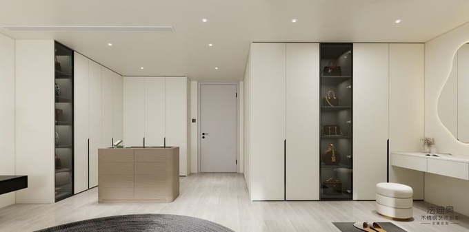 Fadior Elegant Stainless Steel Walk-In Closet With Wood Grain Island And Multiple Storage Solution