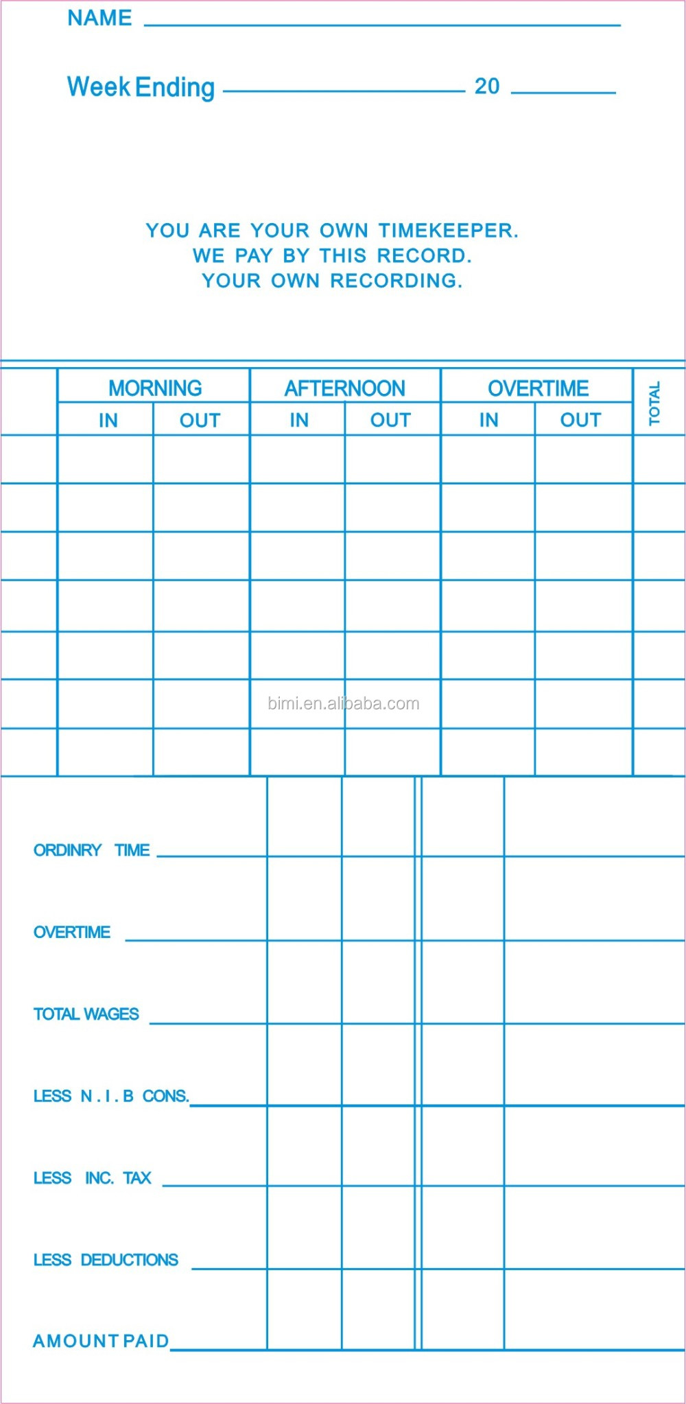 100pcs/ pack Time Cards/ punch paper cards for Bimi time recorder C100 Item OEM