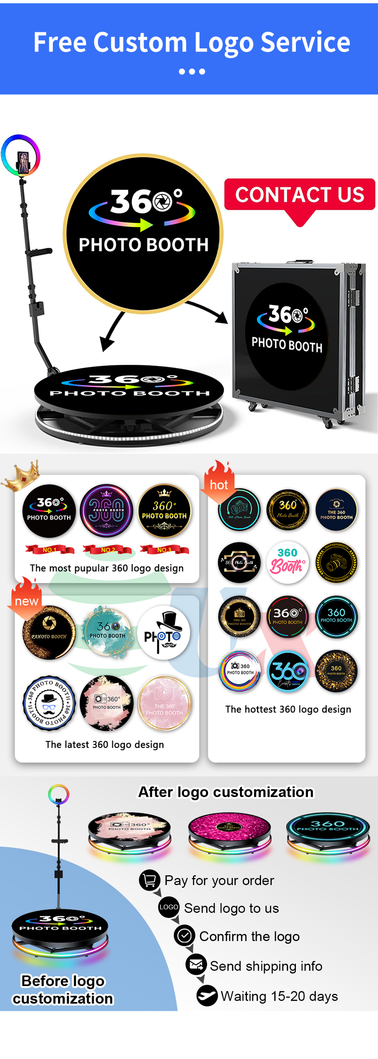 High Capacity 360 Photo Booth with Digital Backdrop Edit Software and Remote Control