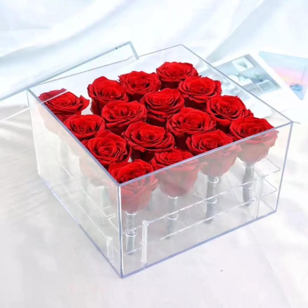 Wholesale Price Preserved Rose Display Acrylic Box With Lid Square Style 8 Sizes Valentine's Day Anniversary