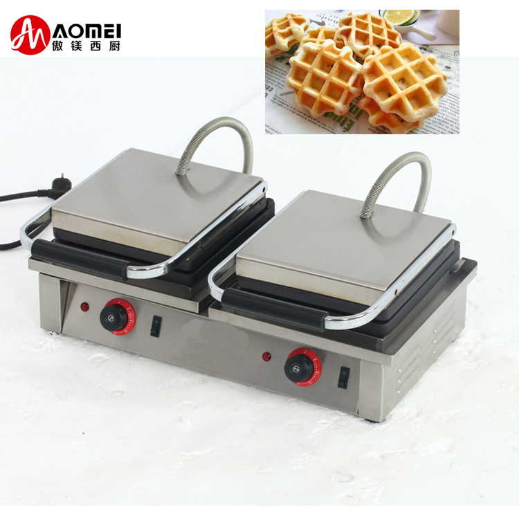 4KW Commercial Double Square Belgian Waffle Maker with Interchangeable Sandwich Plates