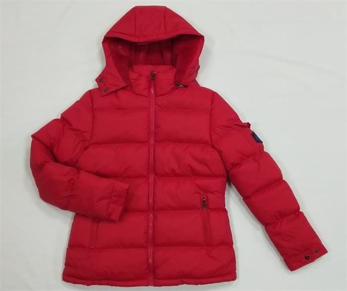 Red Ladies Hooded Padded Jackets Womens Mid Length Puffer Coat With Hood