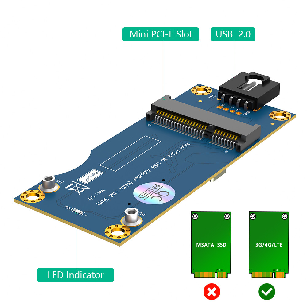 USB 2.0 9PIN Header to Mini PCI-E PCIe 52PIN Wireless Module Adapter with SIM Card Slot Ver 5.0 for GSM WWAN 3G 4G LTE