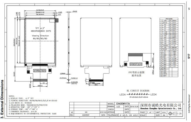400cd/m2 MCU Ips TFT LCD Monitor 40 Pin 4.3in MIPI TFT Lcd Screen