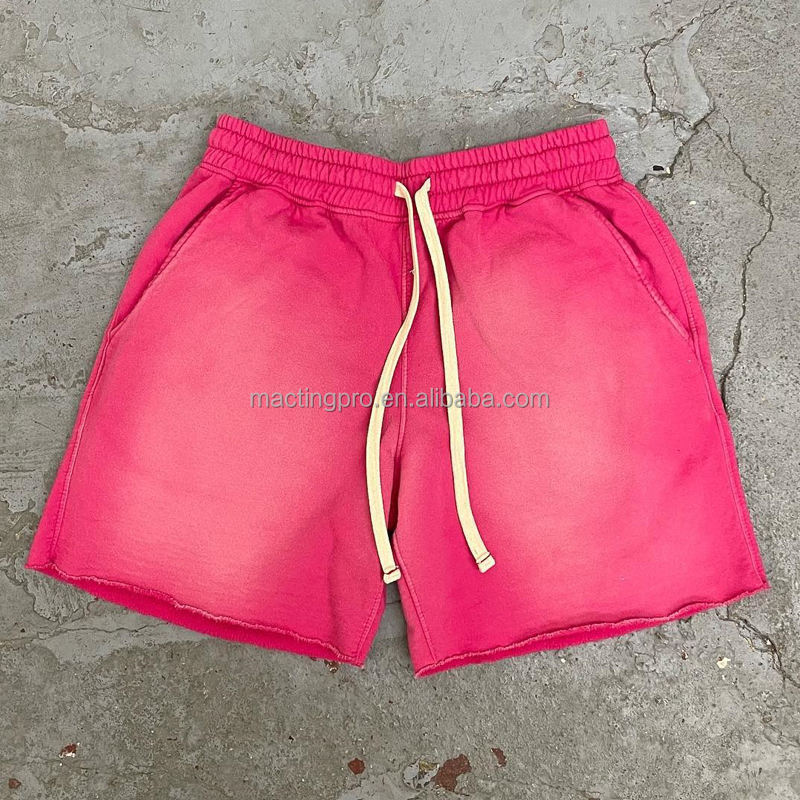 Elastic Waist Rope Strap Fleece Sun Faded Sweat Shorts for Men Summer Jogging Style