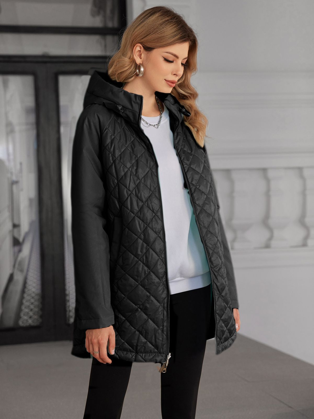 Reversible Mid Length Thin Cotton Jacket With Moderate Style，inside out coat，mid-length lightweight padded coat，for big sizes