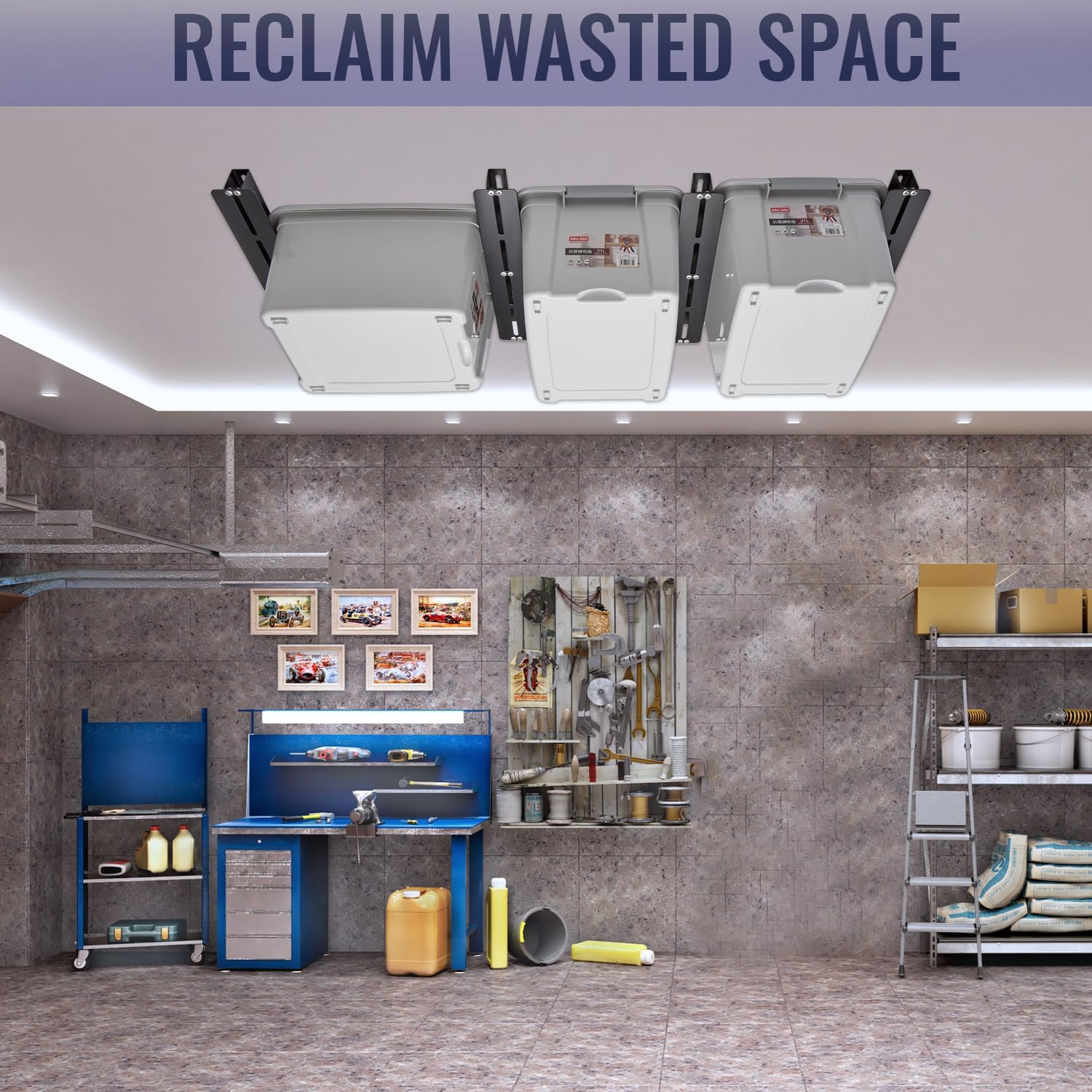 26" Garage Storage Tote Slide Overhead Ceiling Mount Storage Bins Rack Solution
