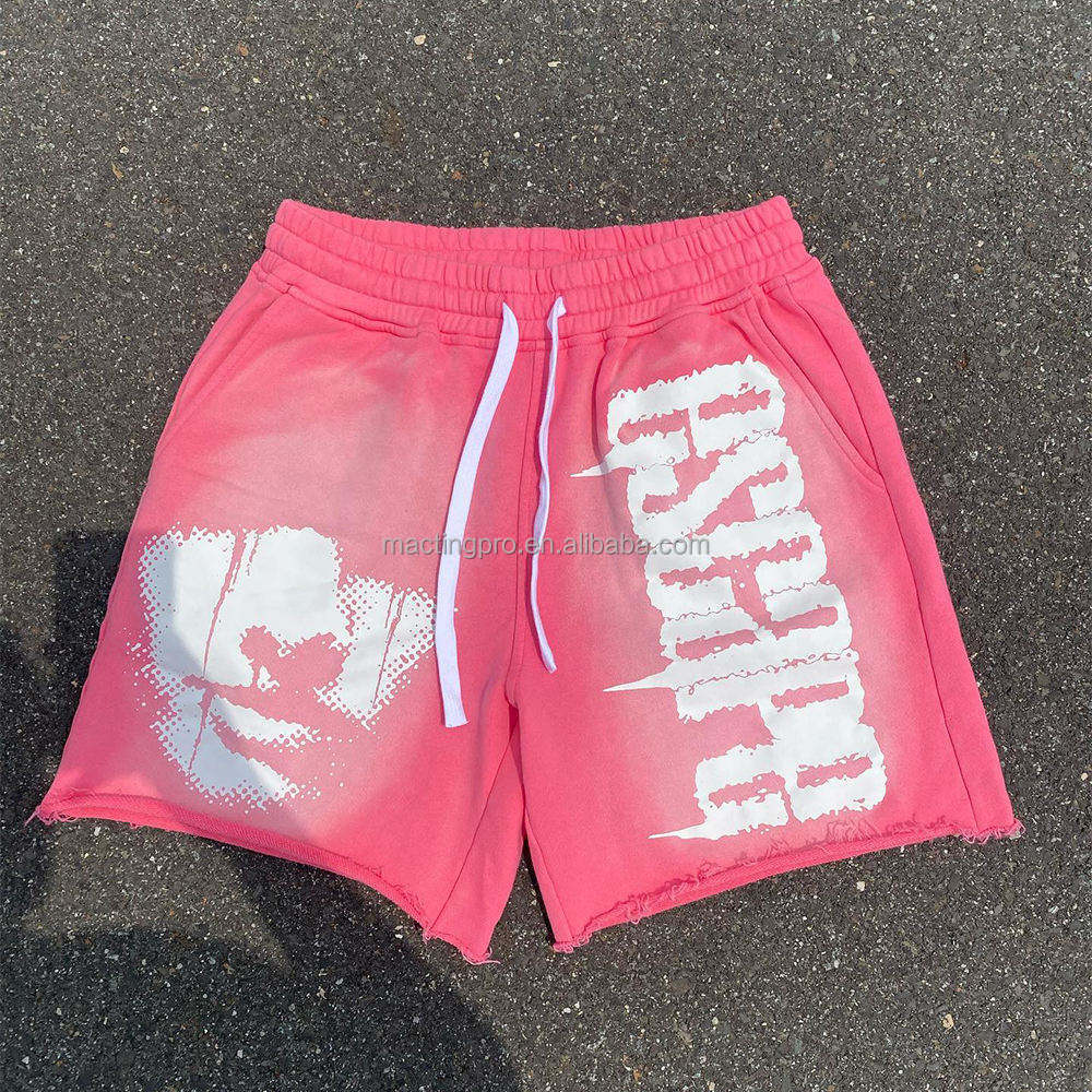 Vintage Graphic French Terry Shorts with Drawstring Closure and Distressed Acid Wash