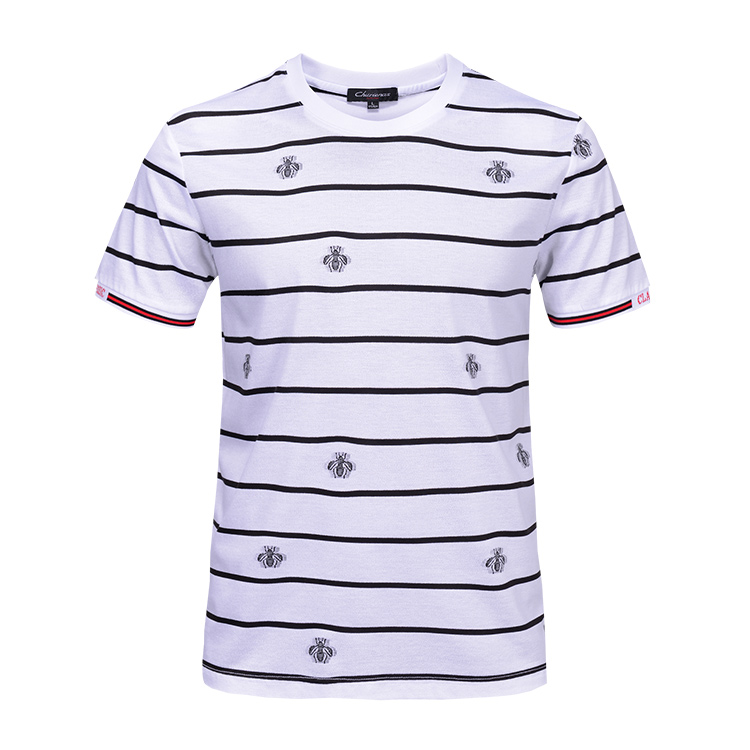 Bee Pattern Black And White Striped T Shirt Mens Breathable Bamboo Fiber Material