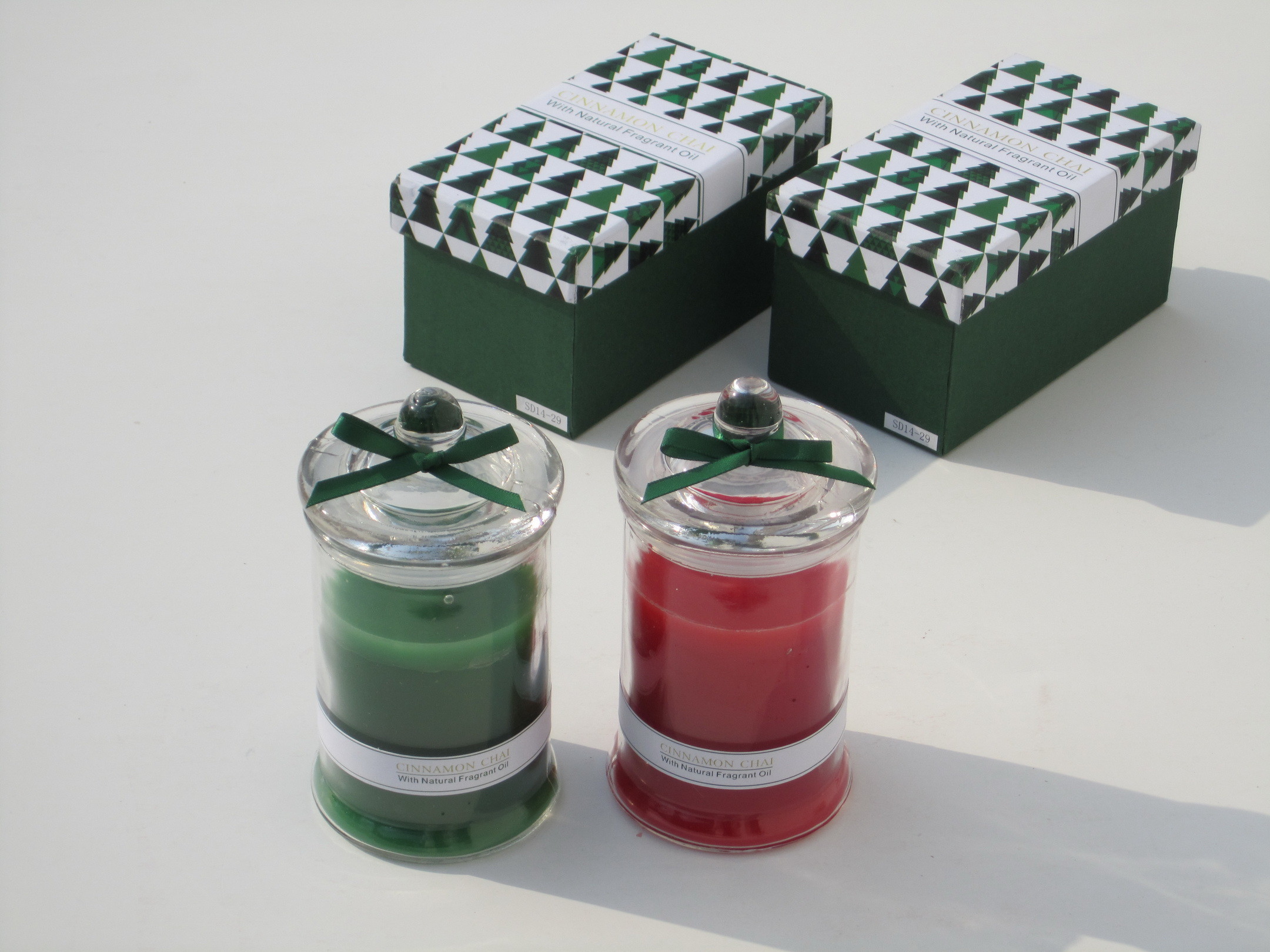 Red & Green scented glass candle with printed label,ribbon decor and packed into gift box