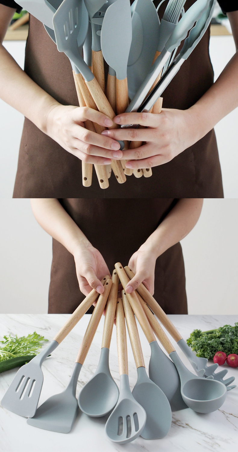 Non Toxic 12 Piece Silicone Cooking Utensil Set With Wood Handle