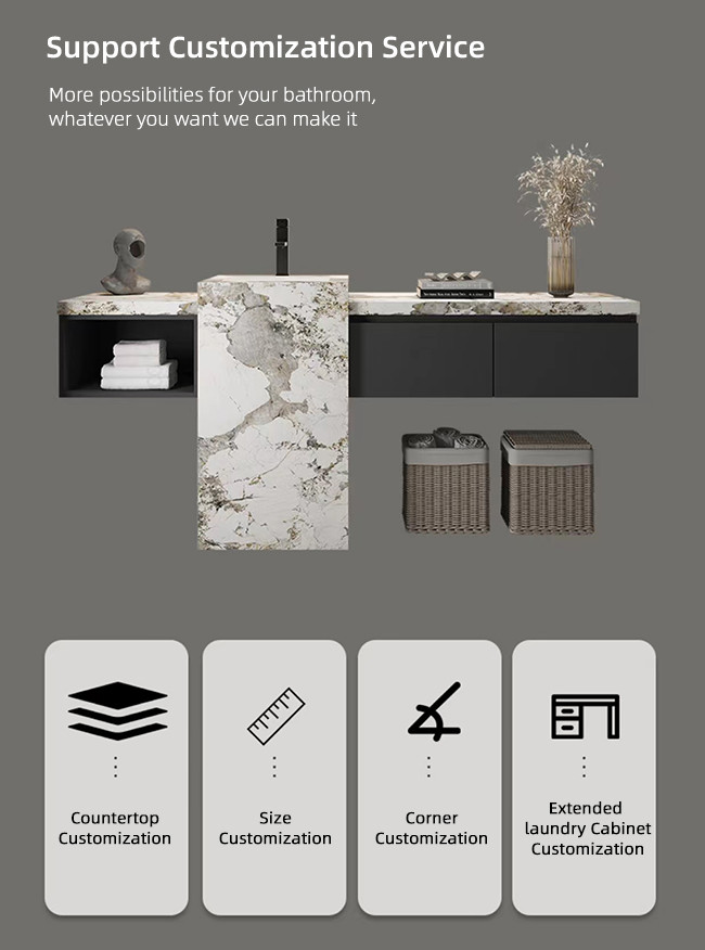 Solid Wood Bathroom Vanity Cabinet Set One Piece Sintered Slate Stone Slab ODM