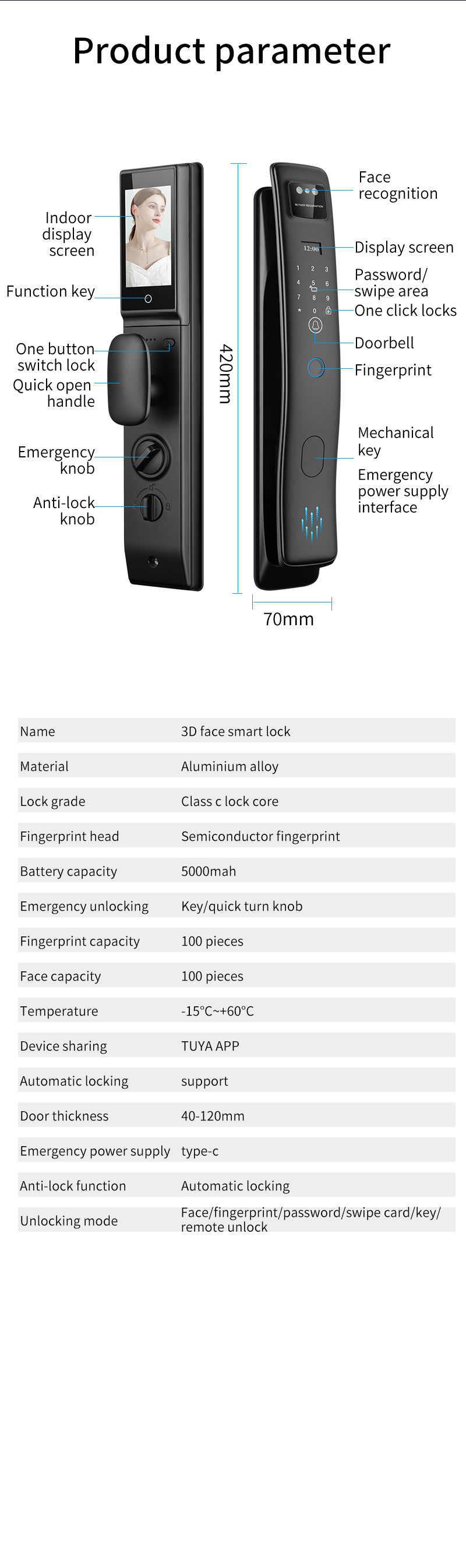 3D Face Smart Door Lock Fingerprint Video Calling Home Lock