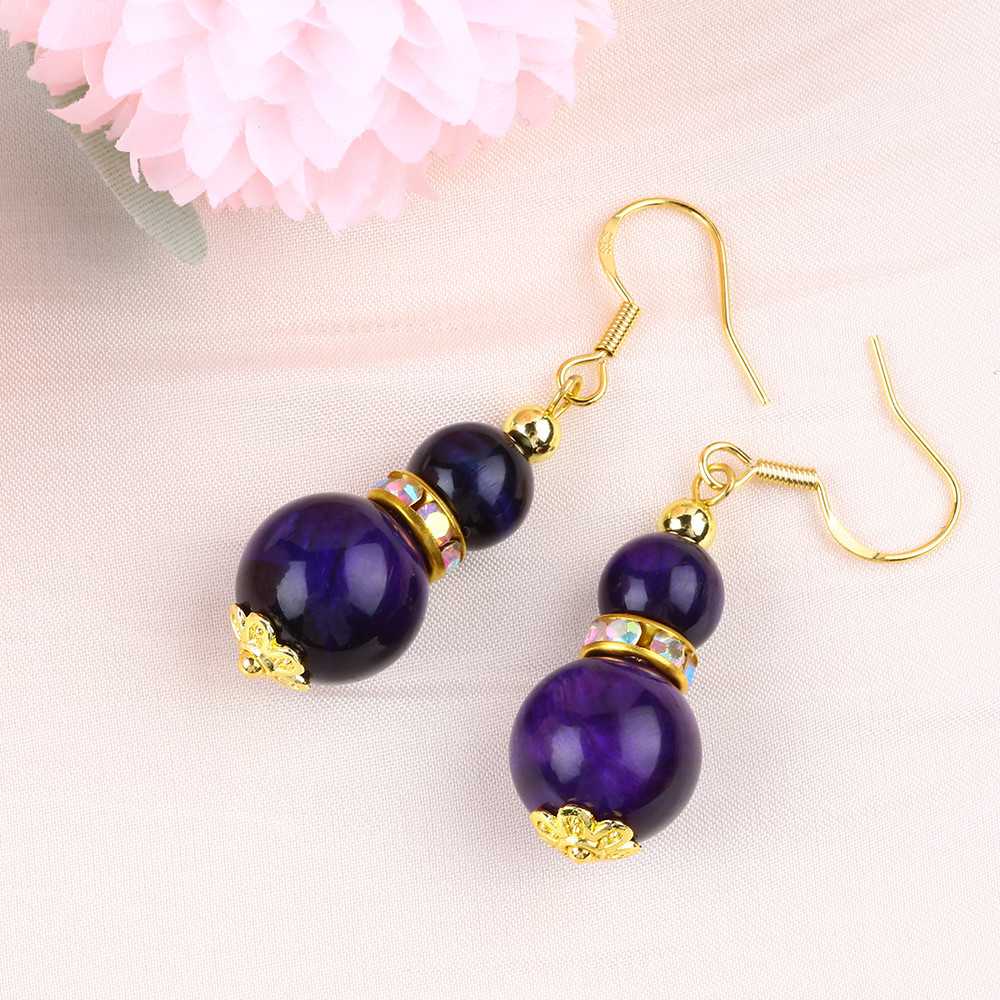 Spiritual Natural Stone Purple Tiger Eye Crystal Round Shape Dangle Hook Earring For Daily Wear