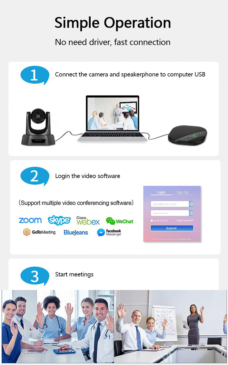 USB HD 1080P Video Conference PTZ Camera 3X Optica Zoom