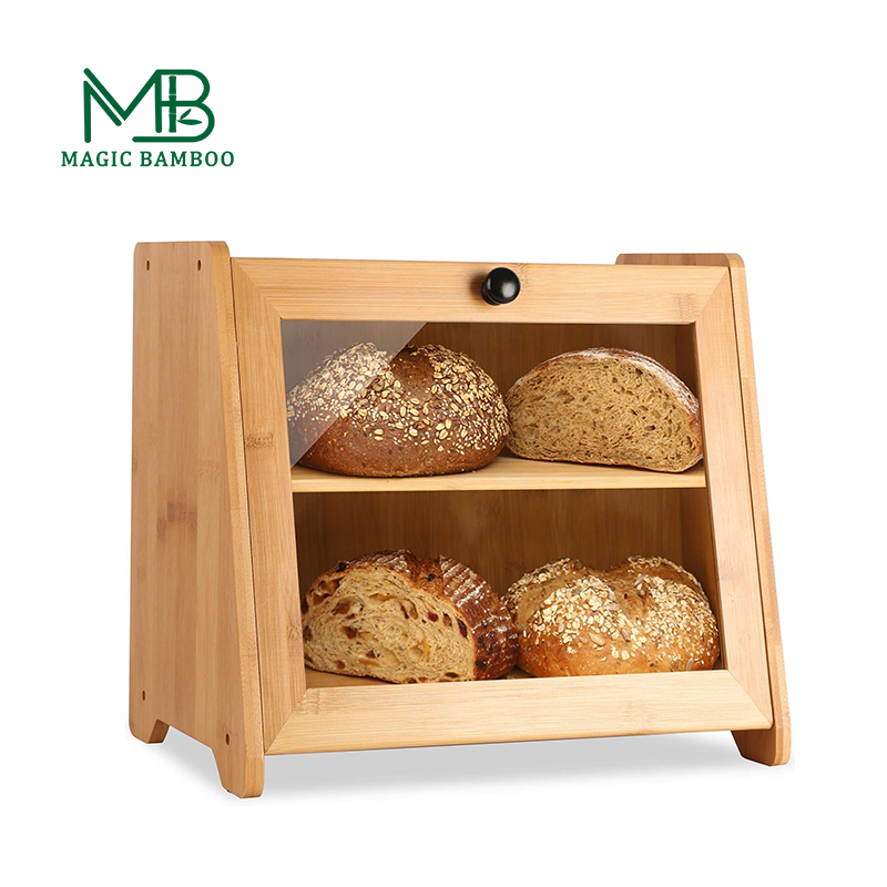 GLOSSY 2 Tier Large Transparent Window Food Storage Bamboo Bread Box Capacity 6-10L