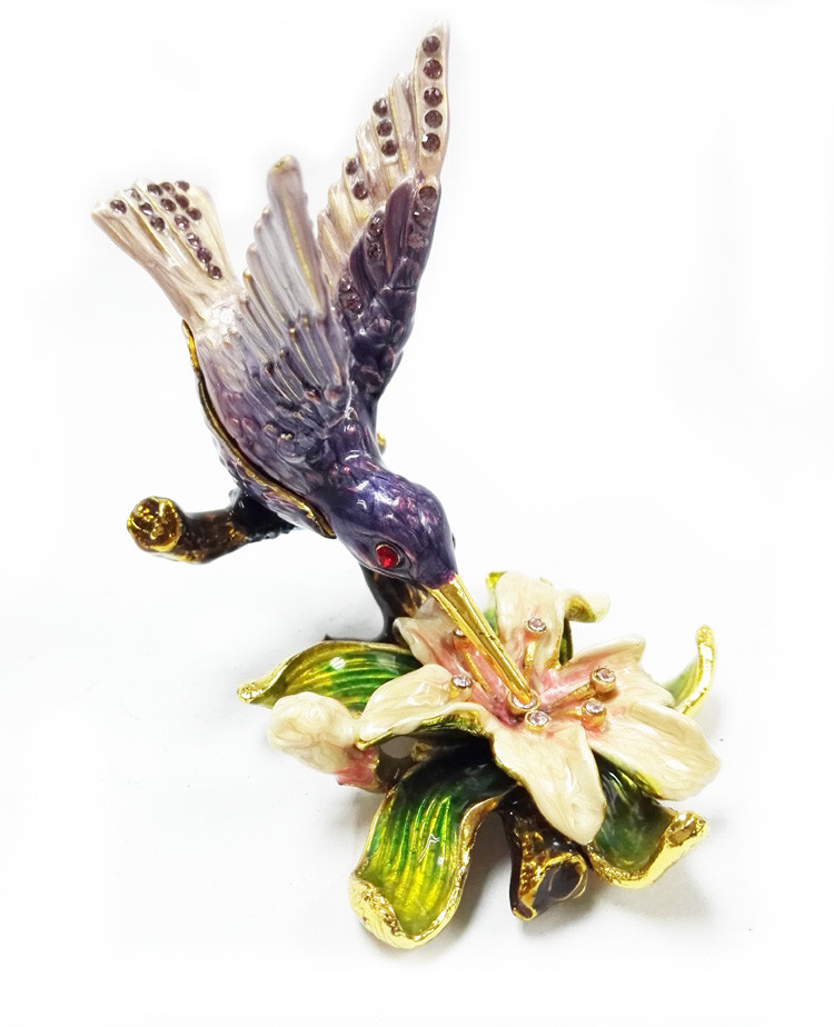 Custom pewter cute bird shape jewelry boxes colorful printed bird hummer jewelry boxes