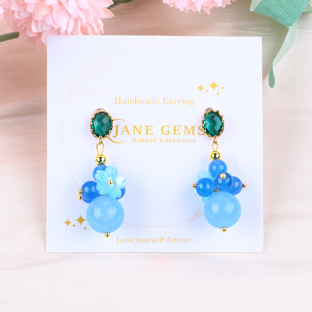 Blue Chalcedony Crystal Handmade DIY Oval Pendant Bead Stud Earrings Suitable For Daily Wear