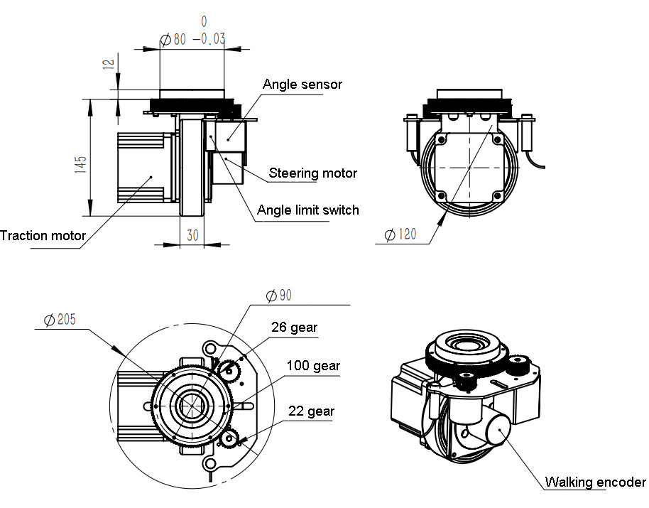400w 48v All Round Agv Handling Robot Drive Wheels Steering Wheel 40m/min