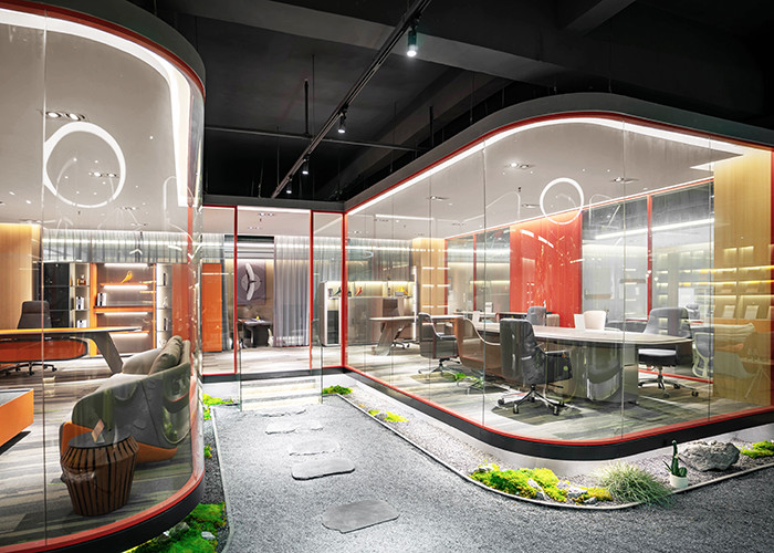 Curved glass partition wall L shape space double glass acoustic frameless style with switch panel