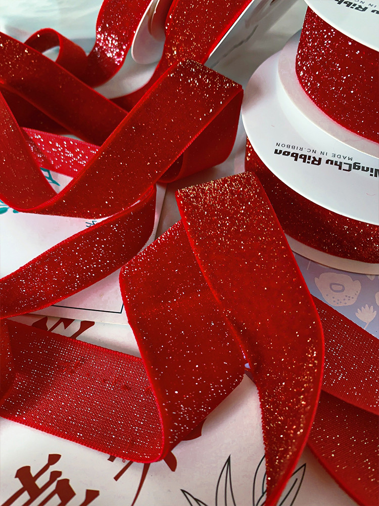 Shinny Glitter Velvet Ribbon 6mm-38mm Deep Red Velvet Ribbon Soft