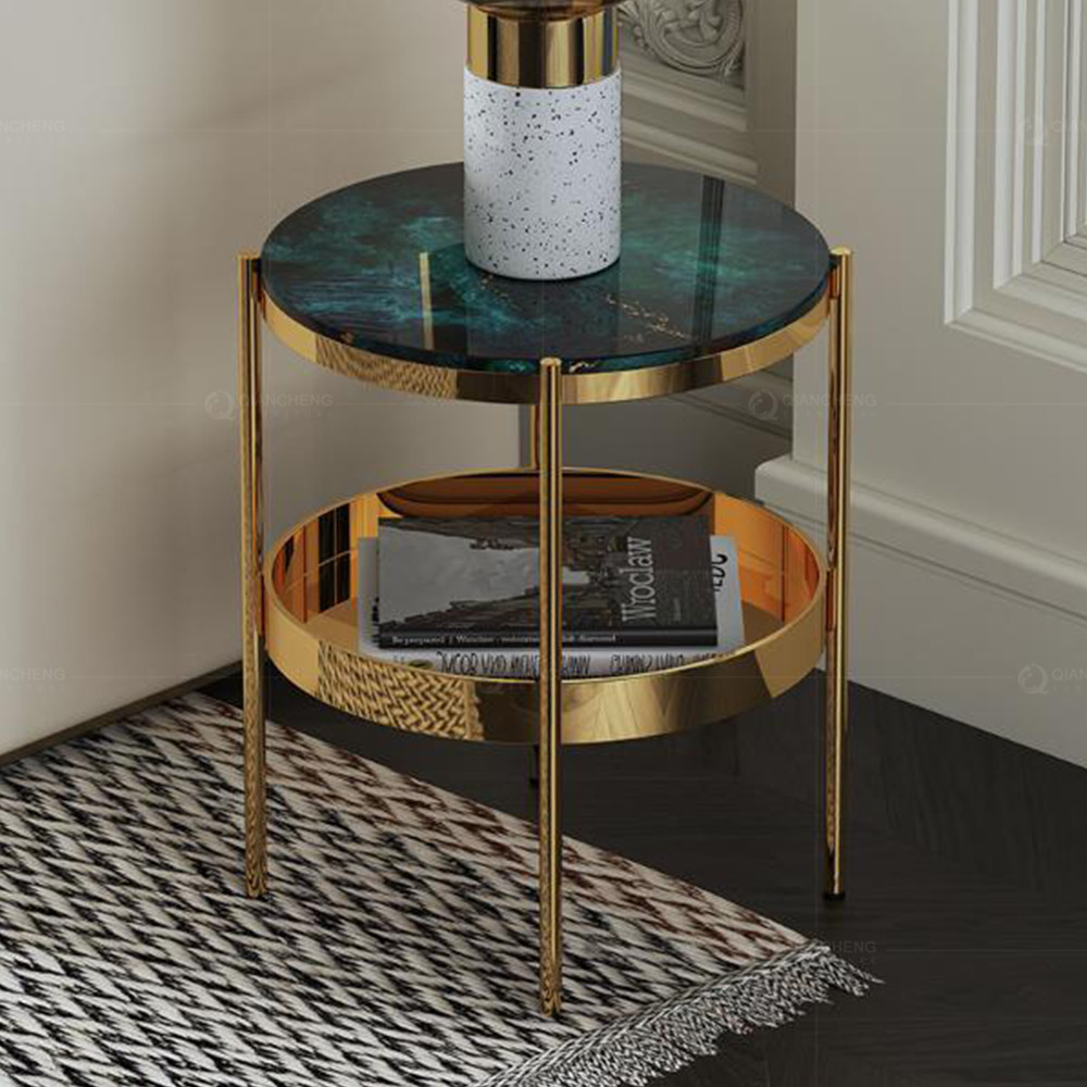 Stainless Steel Two Tier Set Bed Side Tables Golden Frame Round Marble