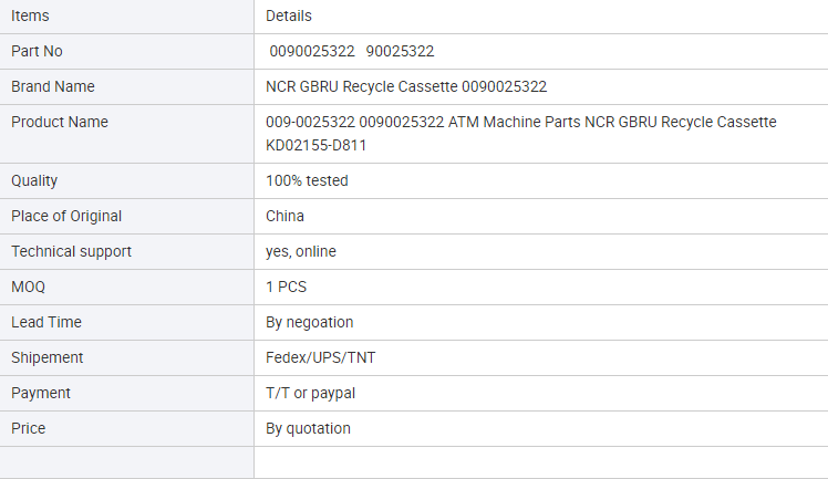 High Quality 0090025322 NCR CURRENCY CASSETTE RECYCLE PN 009-0025322