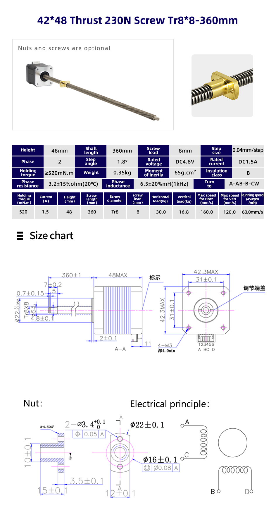 80 Degree Temperature Rise Linear Stepper Motor With Lead Screw for CNC Machines