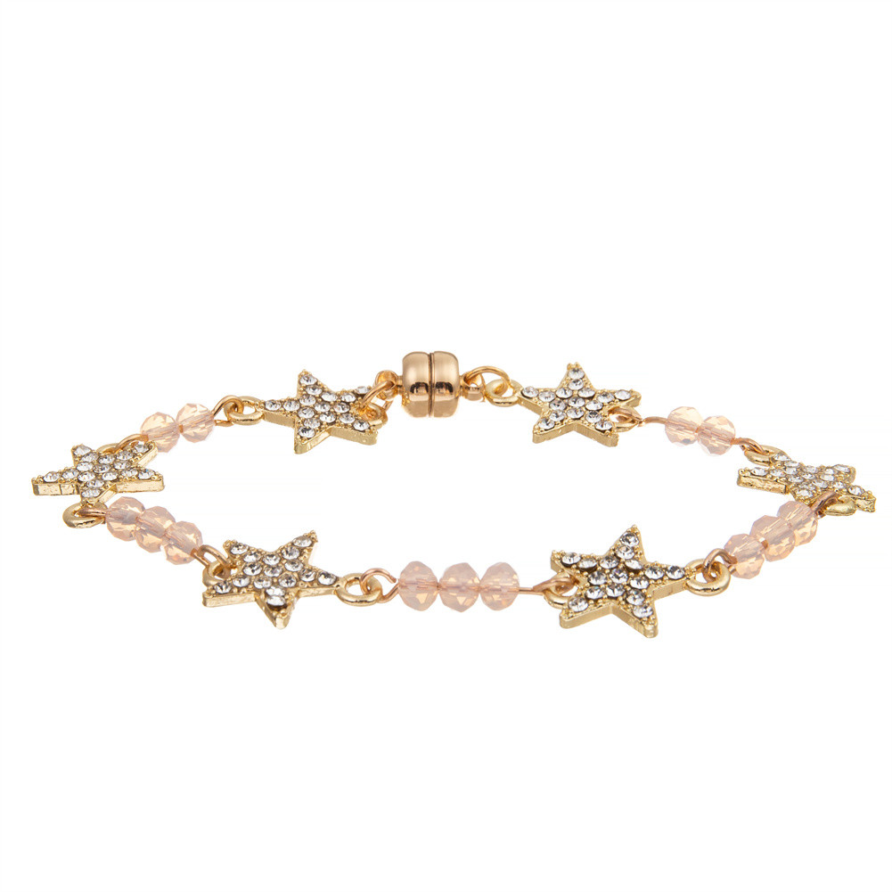 Women Custom Six Star Crystal Beads Bracelet Gold Plated With Magnetic Buckle