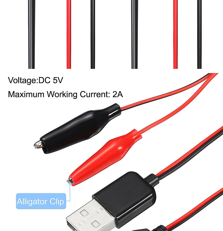 Male Female USB Connector to Dual Copper Crocodile Clamps Alligator Clips Test Leads Wire Adapter Cable for Electrical Circuit