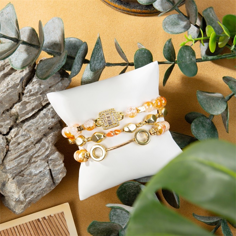 Lady Orange Glass Beads Handmade Bracelet With Gold Metal Bean Beads At Fall