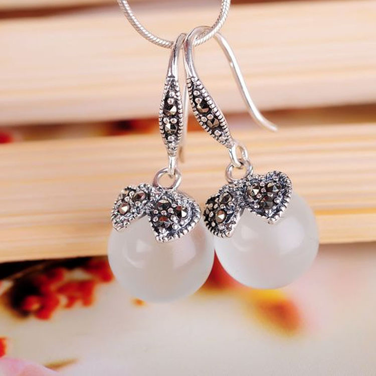 Sterling Silver White Moon Stone with Marcasite Dangle Hoop Earrings(E12032WHITE)