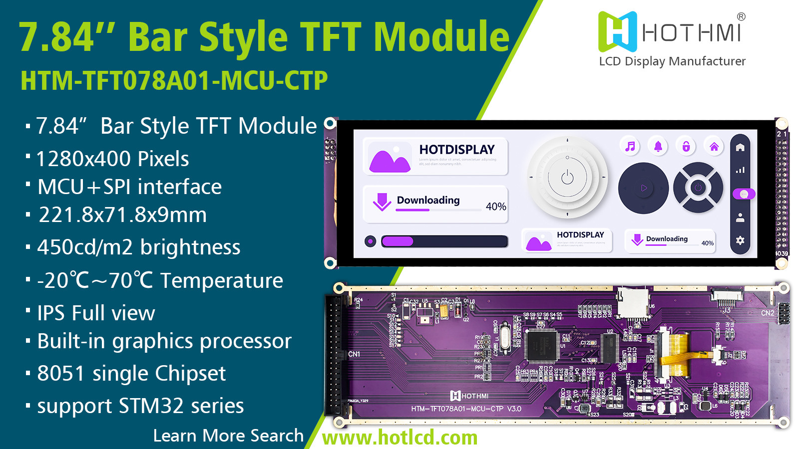 7.84 Inch Bar Style Capacitive Touch IPS TFT LCD Display 1280x400 MCU For Car Monitor