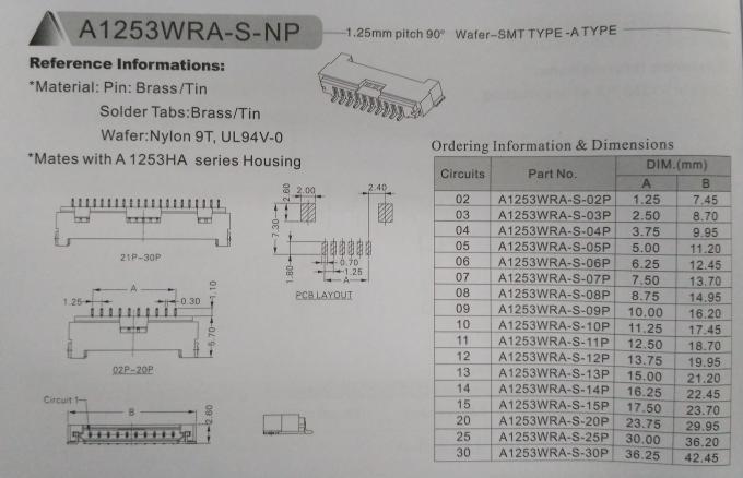 1.25mm Pitch right angle Wafer Connector, DF14 wire connector, side entry type shrouded header