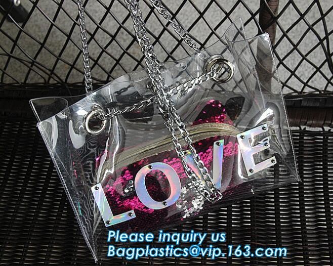 luxury handbag women chain shoulder bag clear PVC plastic tote bag, Tote Bag Clear Shoulder PVC Bag with Zipper, pac, ba