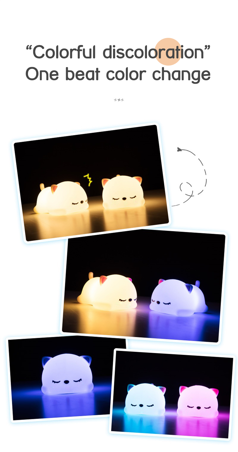 LED Cute Cat Lamp Nursery Kids Bedroom Decor Gift Color Changing Silicone Touch Kitty Night Light
