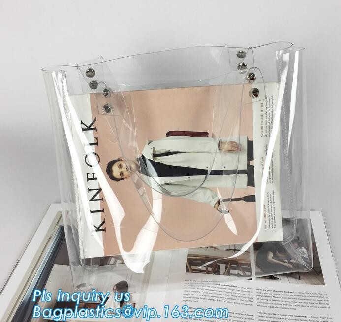 Tote Bags PVC Beach Lash Package Tote Shoulder Bag with Interior Pocket, Waterproof Semi-clear Tote Bags Stripe PVC Shou