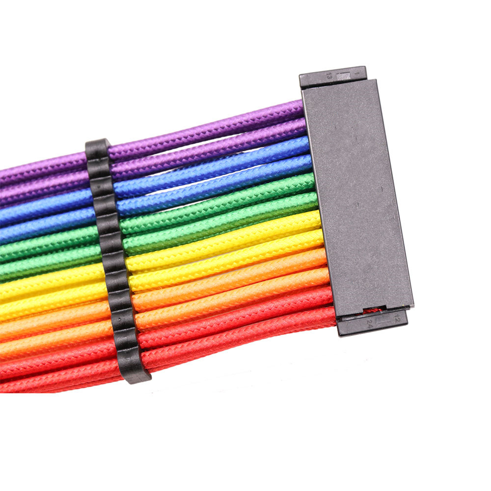 Bradided Sleeved Cable Extension PSU Power Supply Extension Cable Rainbow 24pin Female to Male Computer Extension Cord Stripped