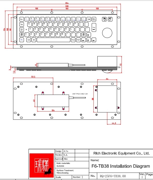 KIOSK IP65/IK07 Industrial Stainless Steel Metal Keyboard With Trackball Over 2million Key Life Cycle Rear Panel Mounted -40℃