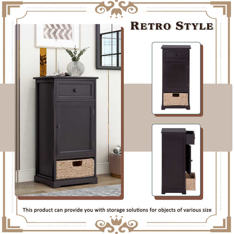 Retro Style Black 15.7”W Livingroom End Table With Paper Rope Basket