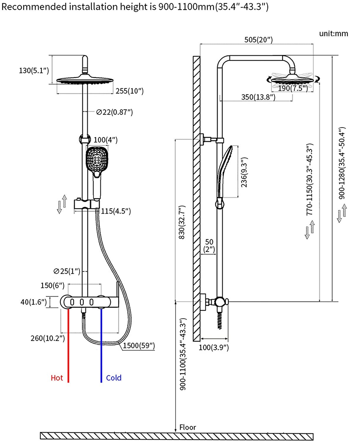 3 Functions 700-1160mm Column Shower , Stainless Steel 304 Shower Column Set