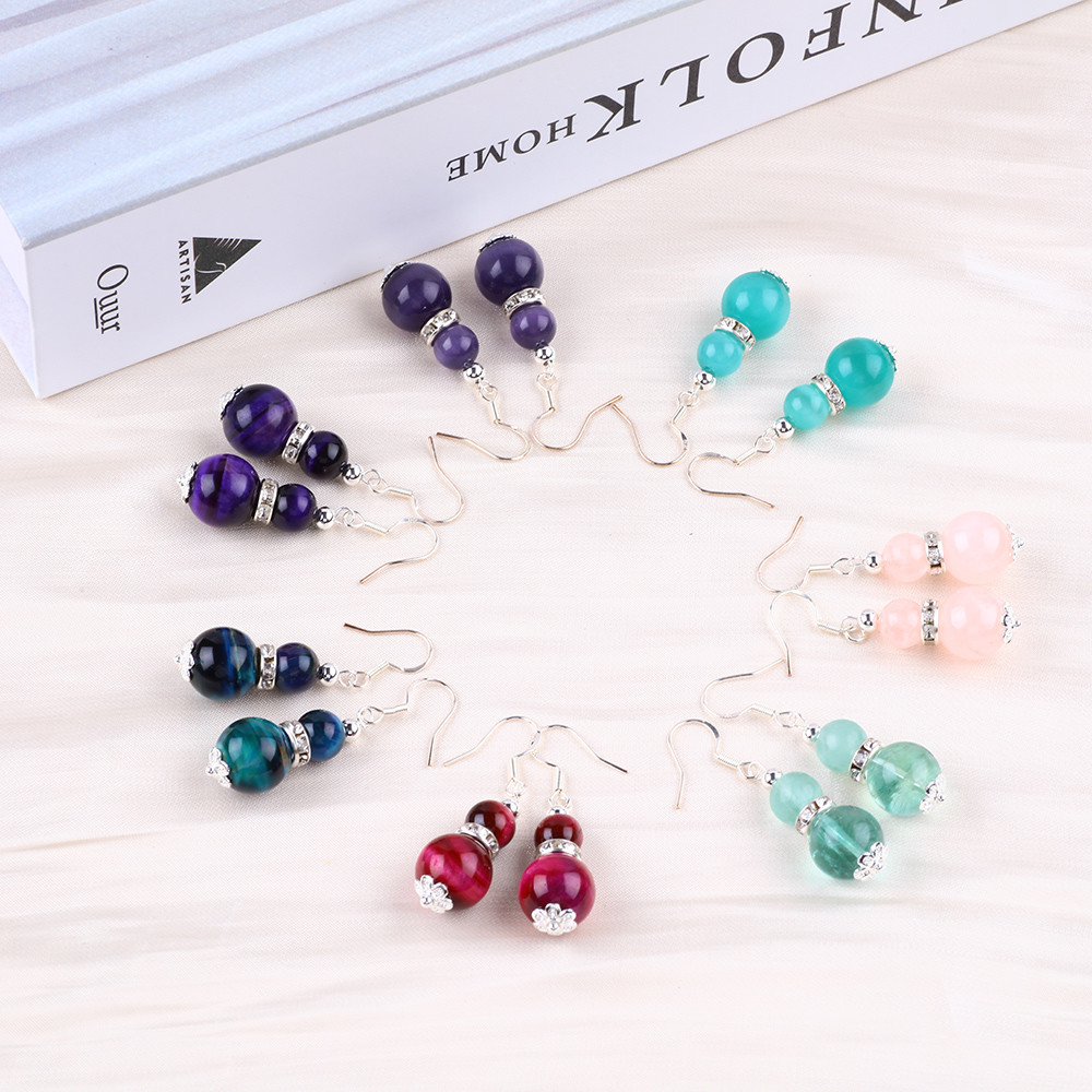 Handmade Crystal Stone Earrings Rainbow Tiger's Eye Gemstone Beaded Pendant Earrings
