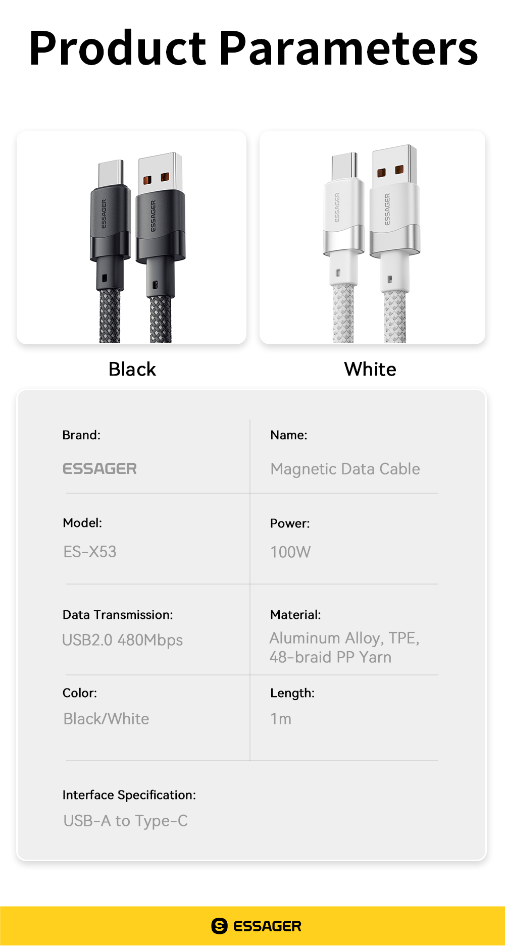 TPE USB A To USB C Magnetic Data Cable 100W 1m ESSAGER ES-X53 Series