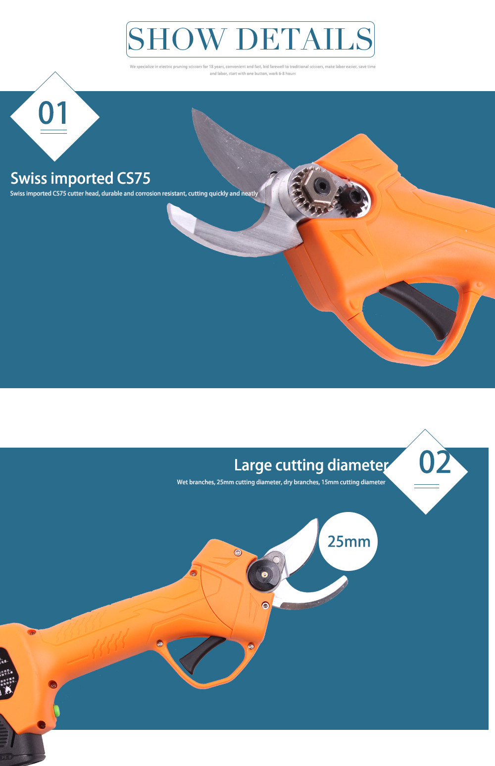 Swansoft 2.5CM Battery Orchard Pruner 16. 8V Cordless Strong Steel Blade Garden Trimmer Plant Secateurs with 2 batteries